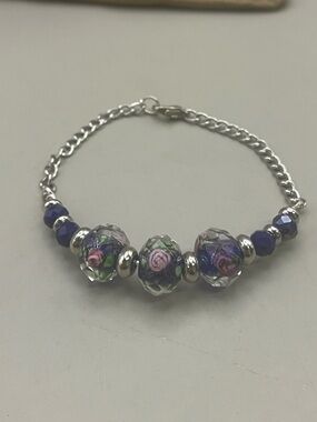 Murano Style Lampwork Glass Bead Bracelet Silver Tone Chain Blue Floral lampwork